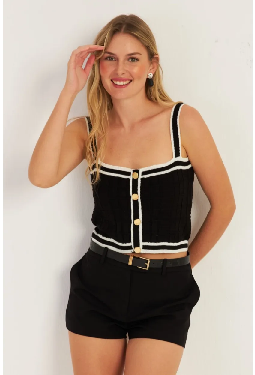 Kadın Siyah Düğme Detaylı Triko Crop Bluz MSS134
