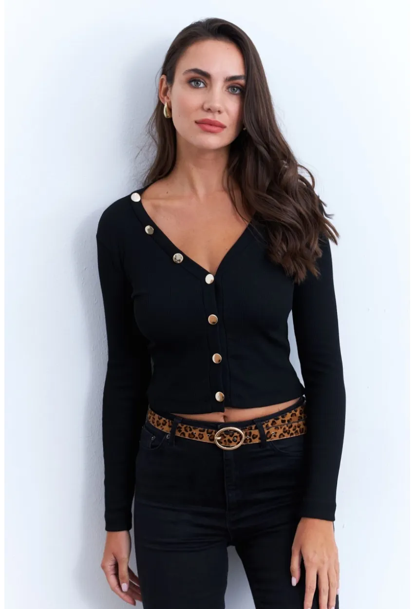 Kadın Siyah Düğmeli Kısa Hırka EY2952