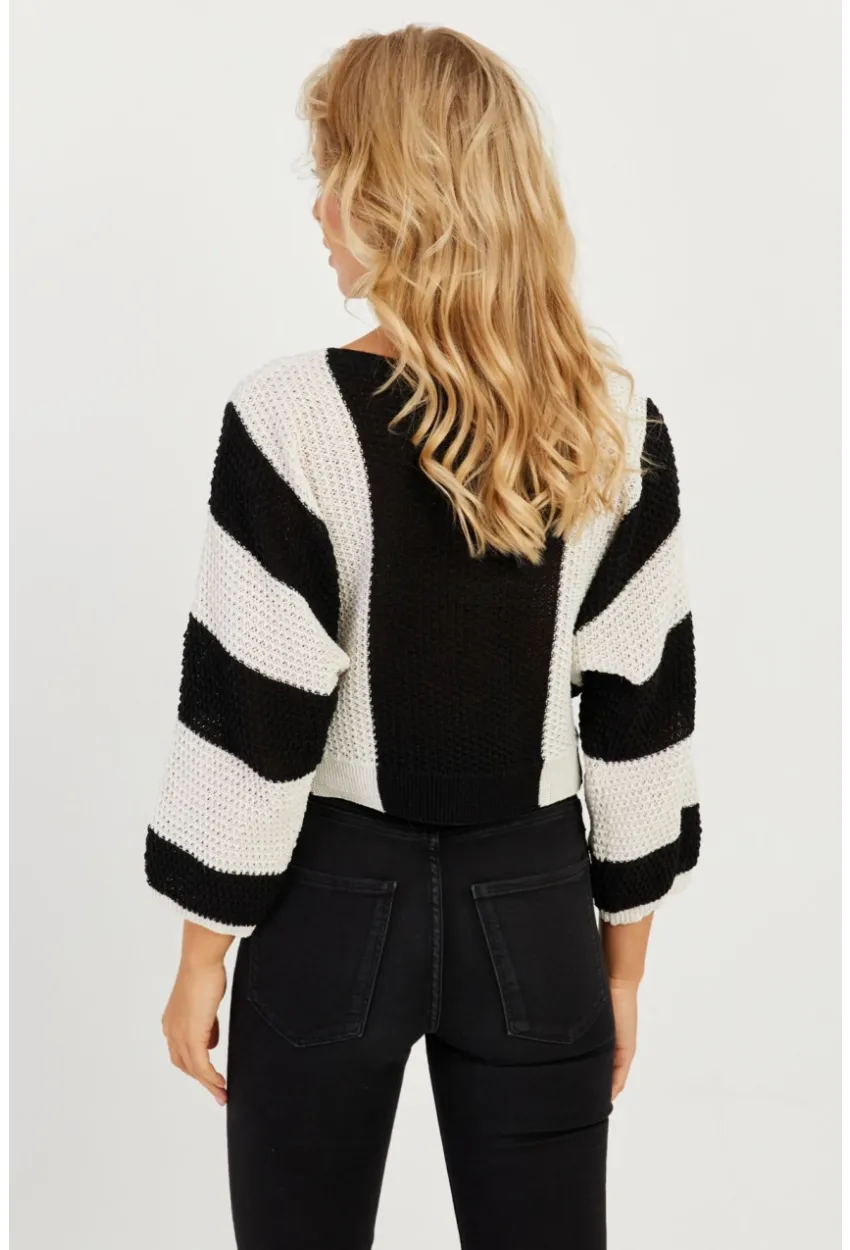 Kadın Siyah-Ekru Ajurlu Triko Kazak YV218