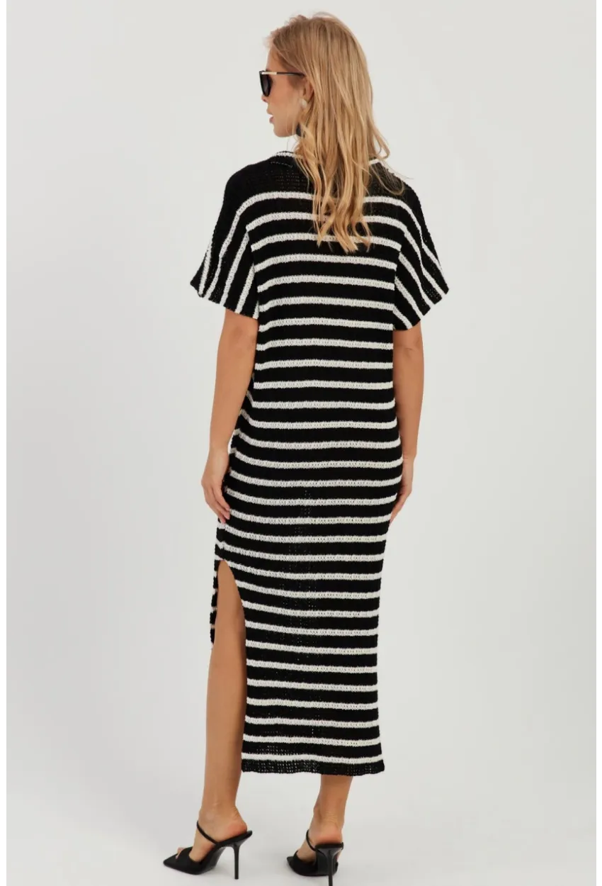 Kadın Siyah-Ekru Ajurlu Triko Midi Elbise YZ622