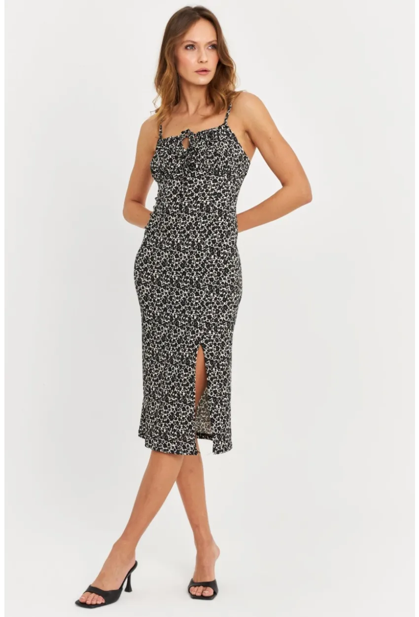 Kadın Siyah-Ekru Askılı Bürümcük Midi Elbise KAB302