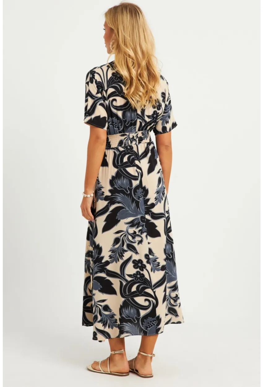 Kadın Siyah-Ekru Desenli Gipeli Midi Elbise YZ1055