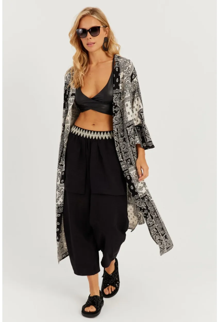 Kadın Siyah-Ekru Desenli Kimono GÇ155