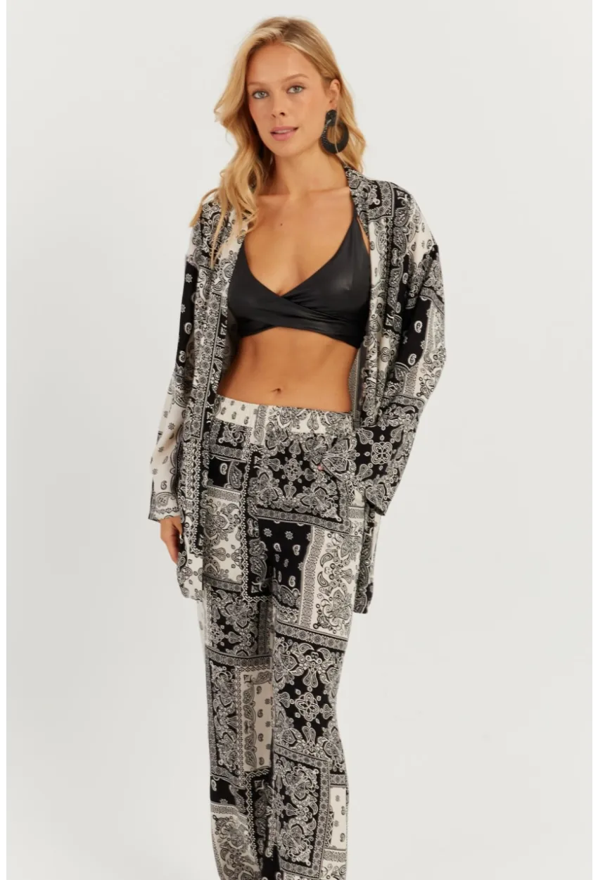 Kadın Siyah-Ekru Desenli Kimono Takım GÇ156