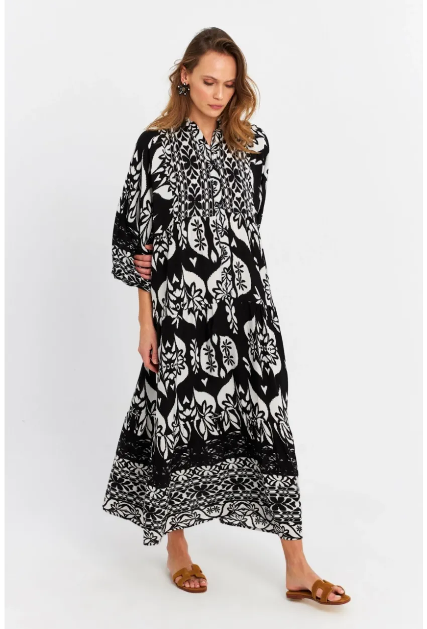 Kadın Siyah-Ekru Desenli Salaş Midi Elbise MALO3002