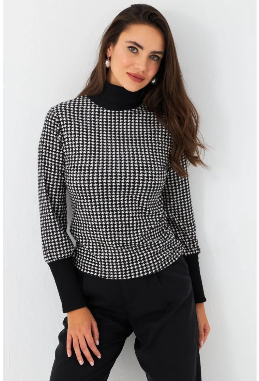 Kadın Siyah-Ekru Kazayağı Balıkçı Bluz EY2972