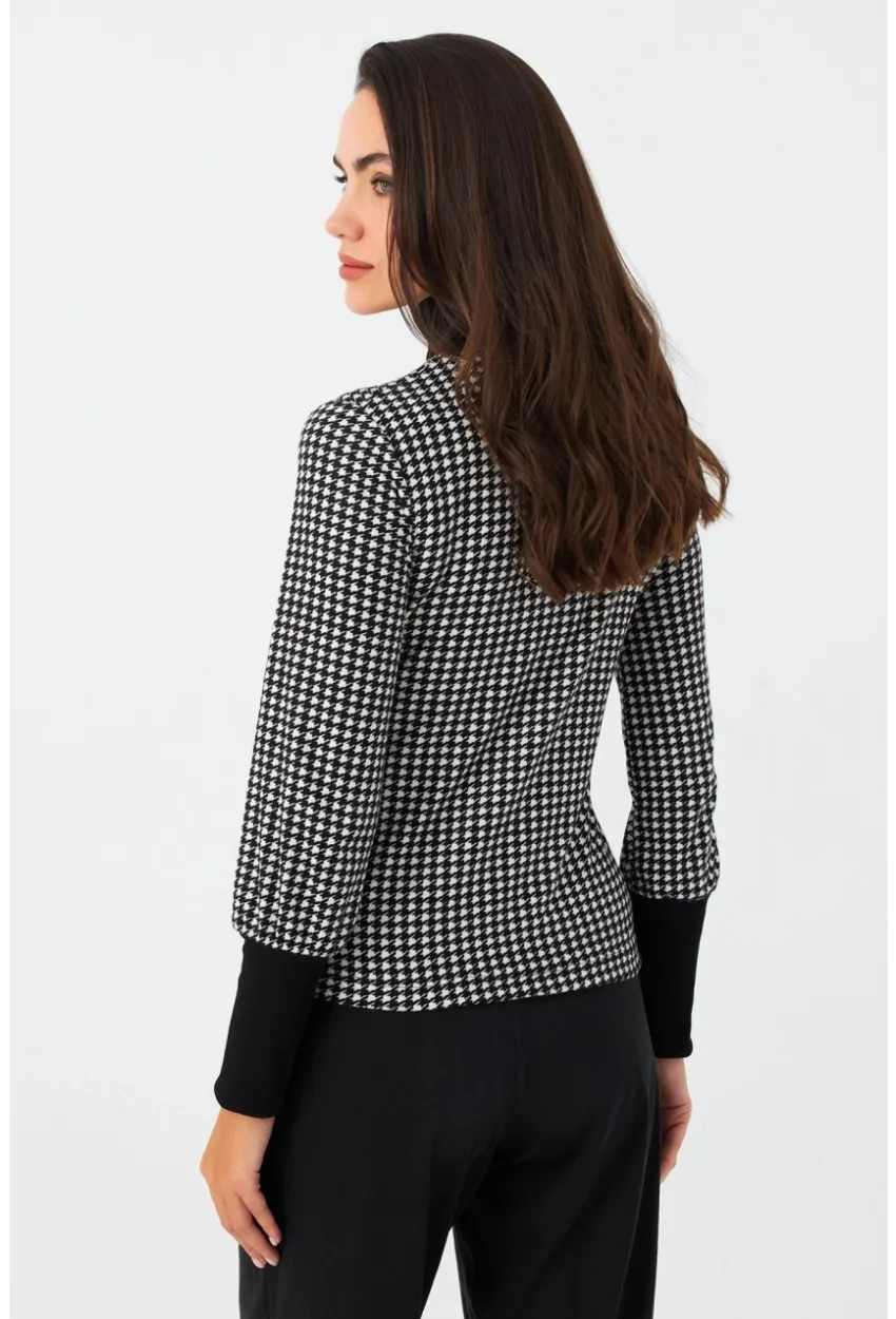 Kadın Siyah-Ekru Kazayağı Balıkçı Bluz EY2972