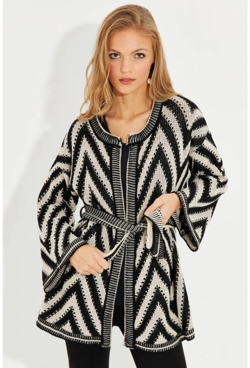 Kadın Siyah-Ekru Kemerli Zikzak Triko Hırka MİW1525