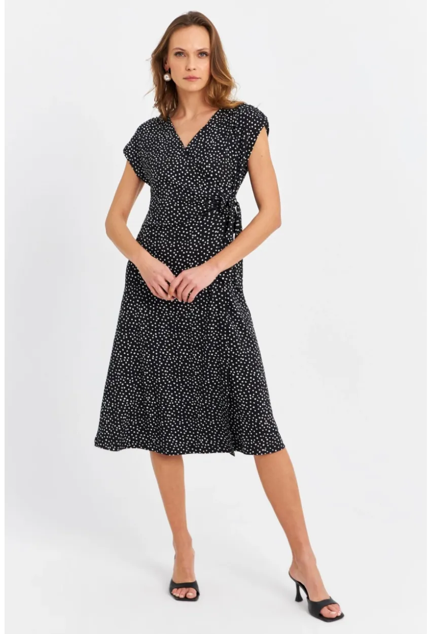 Kadın Siyah-Ekru Kruvaze Puantiyeli Midi Elbise EY3071