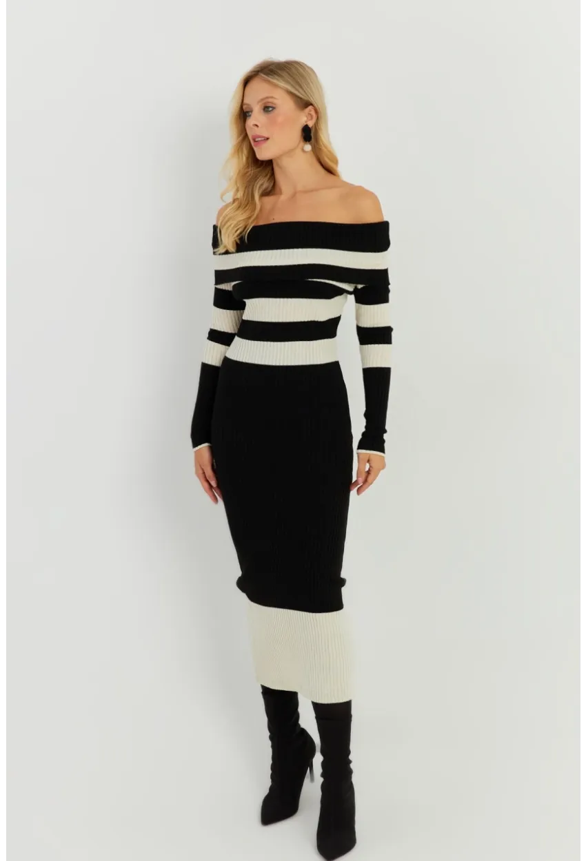 Kadın Siyah-Ekru Madonna Çizgili Triko Midi Elbise KED143
