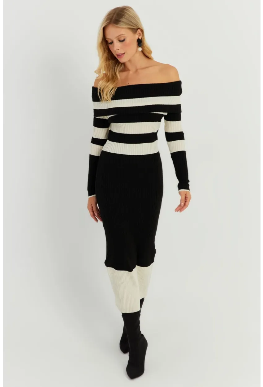 Kadın Siyah-Ekru Madonna Çizgili Triko Midi Elbise KED143