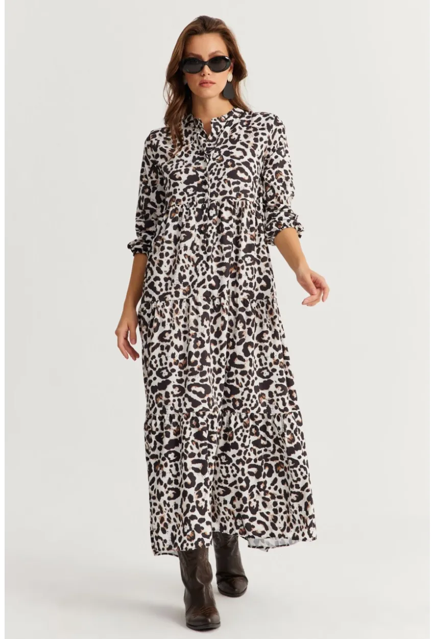 Kadın Siyah-Ekru Volanlı Desenli Maxi Elbise YLE14