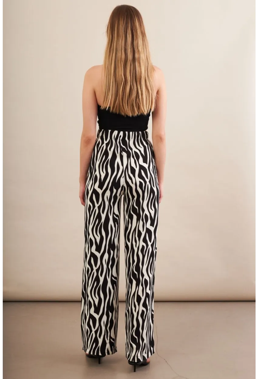 Kadın Siyah-Ekru Zebra Desenli Yüksel Bel Pantolon PİK50