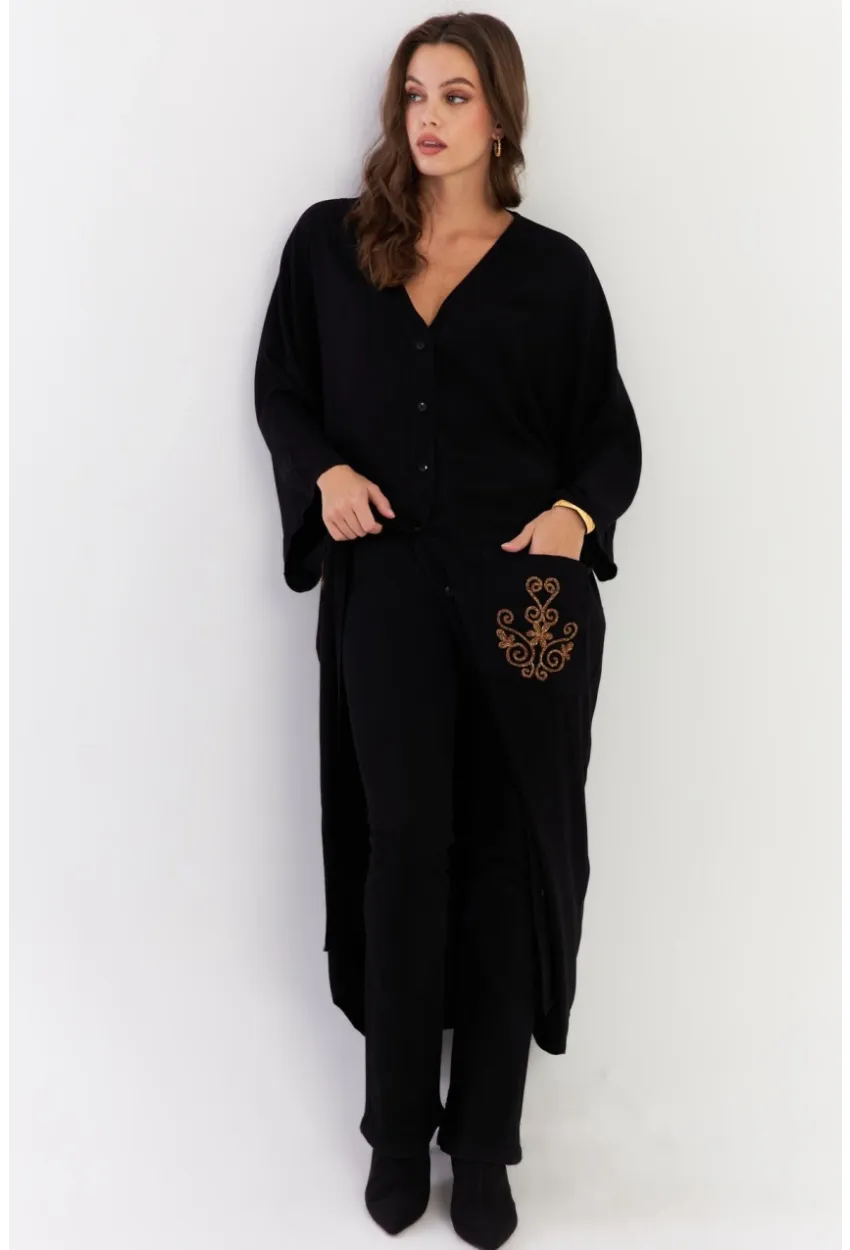 Kadın Siyah Etnik Desenli Maxi Dokuma Elbise ALO318