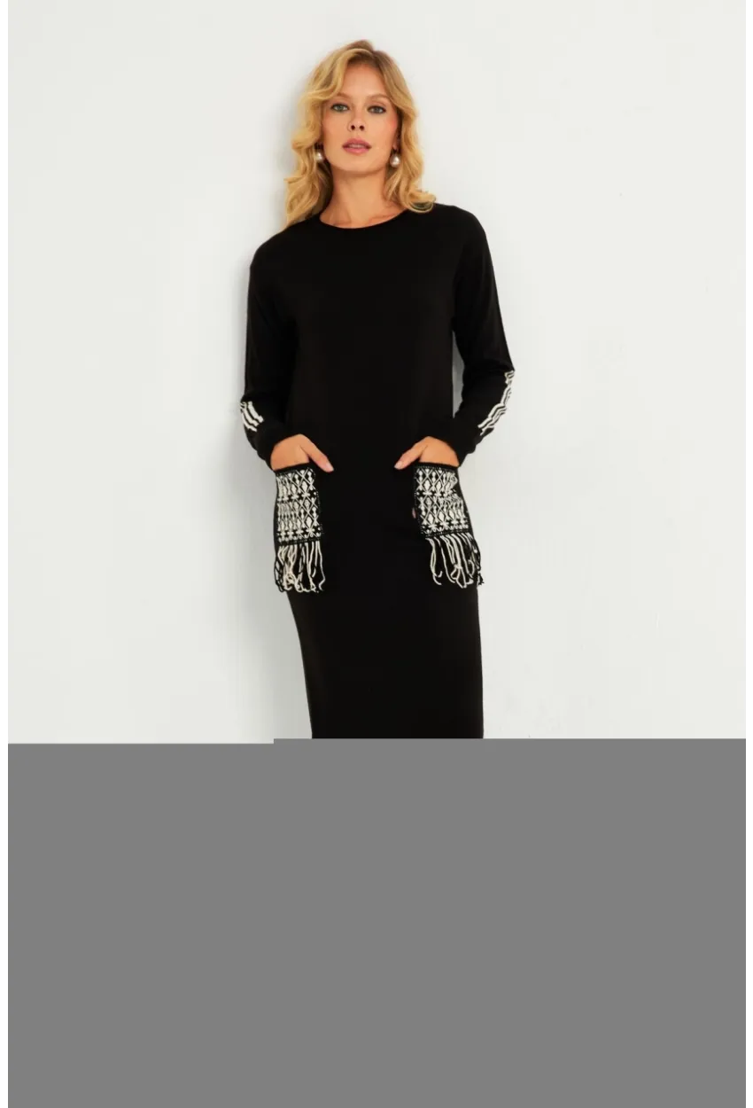 Kadın Siyah Etnik Triko Midi Elbise RH03