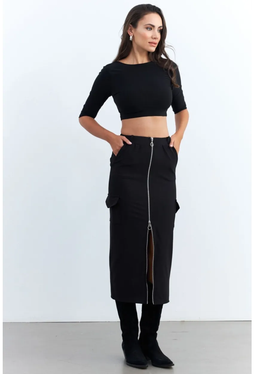Kadın Siyah Fermuarlı Cepli Midi Etek ELT3999