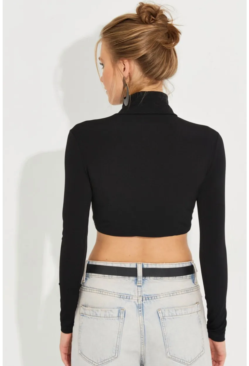 Kadın Siyah Fermuarlı Crop Bluz MEN2020