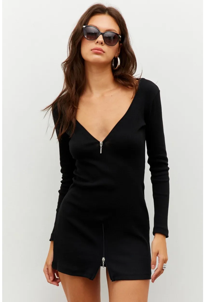 Kadın Siyah Fermuarlı Kaşkorse Mini Elbise EY2530
