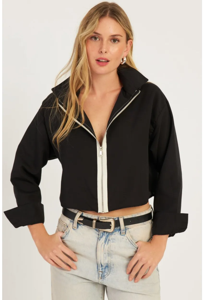 Kadın Siyah Fermuarlı Kısa Gömlek SF2541