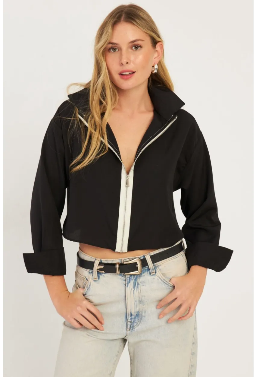 Kadın Siyah Fermuarlı Kısa Gömlek SF2541