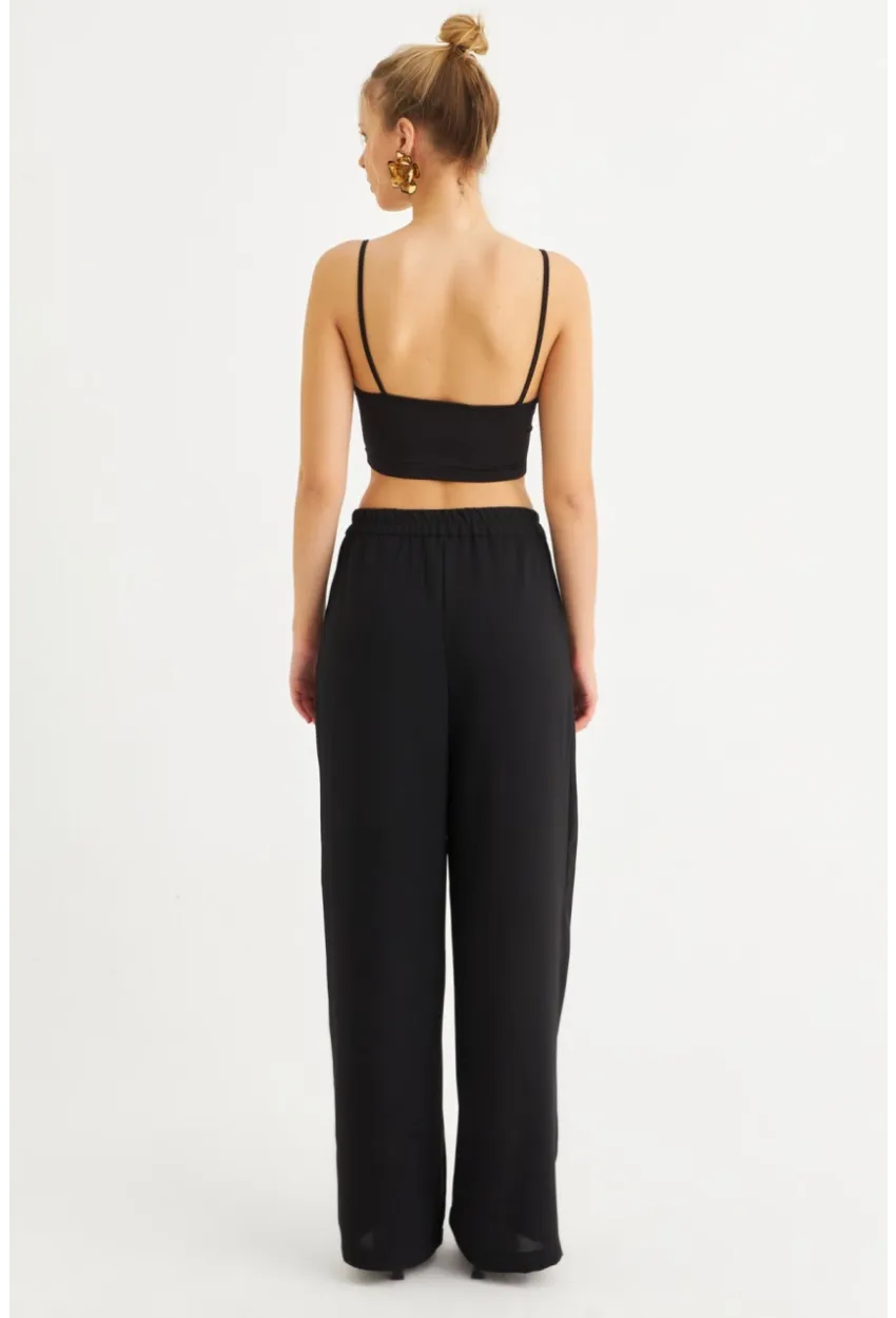 Kadın Siyah Fermuarlı Palazzo Pantolon MON143