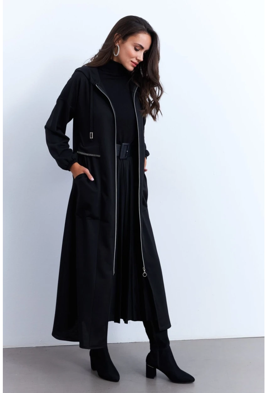 Kadın Siyah Fermuarlı Taşlı Sweat Elbise MASF21