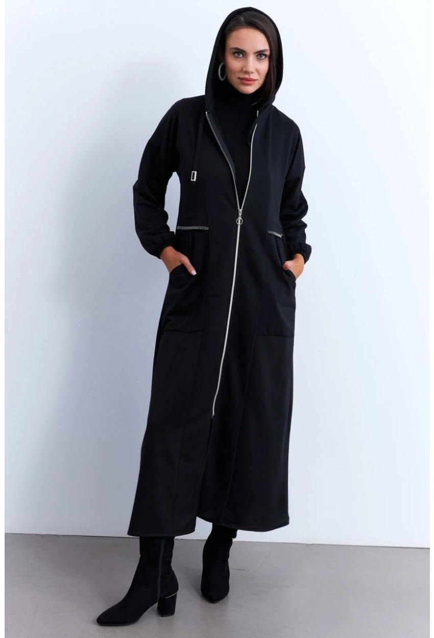 Kadın Siyah Fermuarlı Taşlı Sweat Elbise MASF21