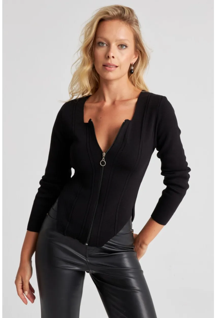 Kadın Siyah Fermuarlı Triko Kazak YZ523