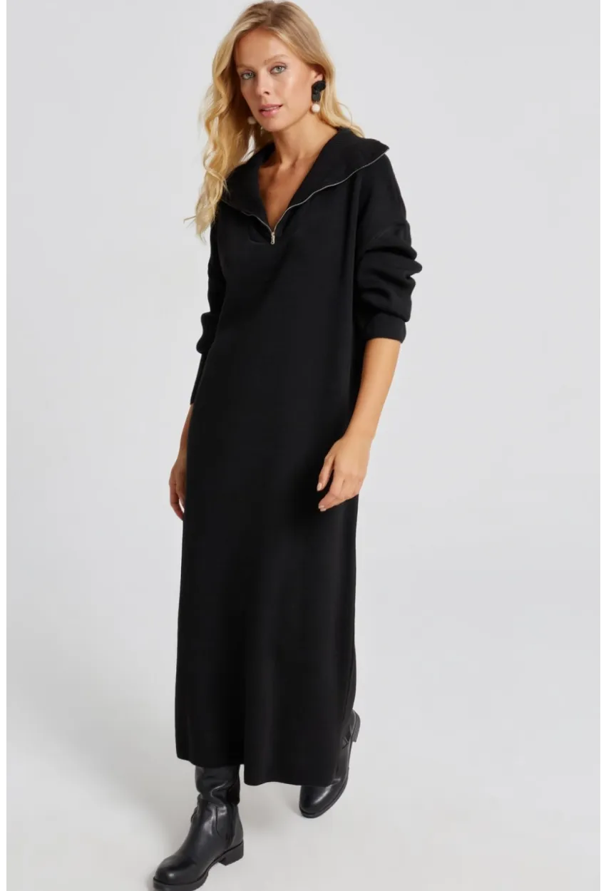 Kadın Siyah Fermuarlı Triko Maxi Elbise SF2525
