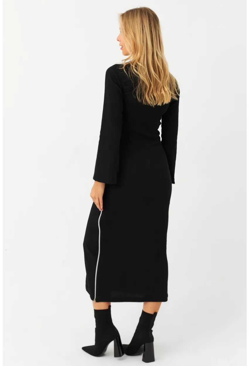 Kadın Siyah Fermuarlı Yırtmaçlı Kaşkorse Midi Elbise EY2990