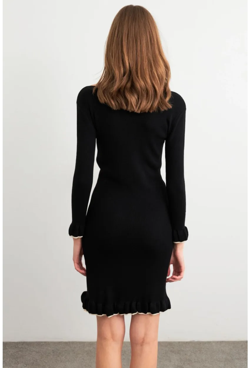 Kadın Siyah Fırfırlı Basic Triko Midi Elbise SF2559