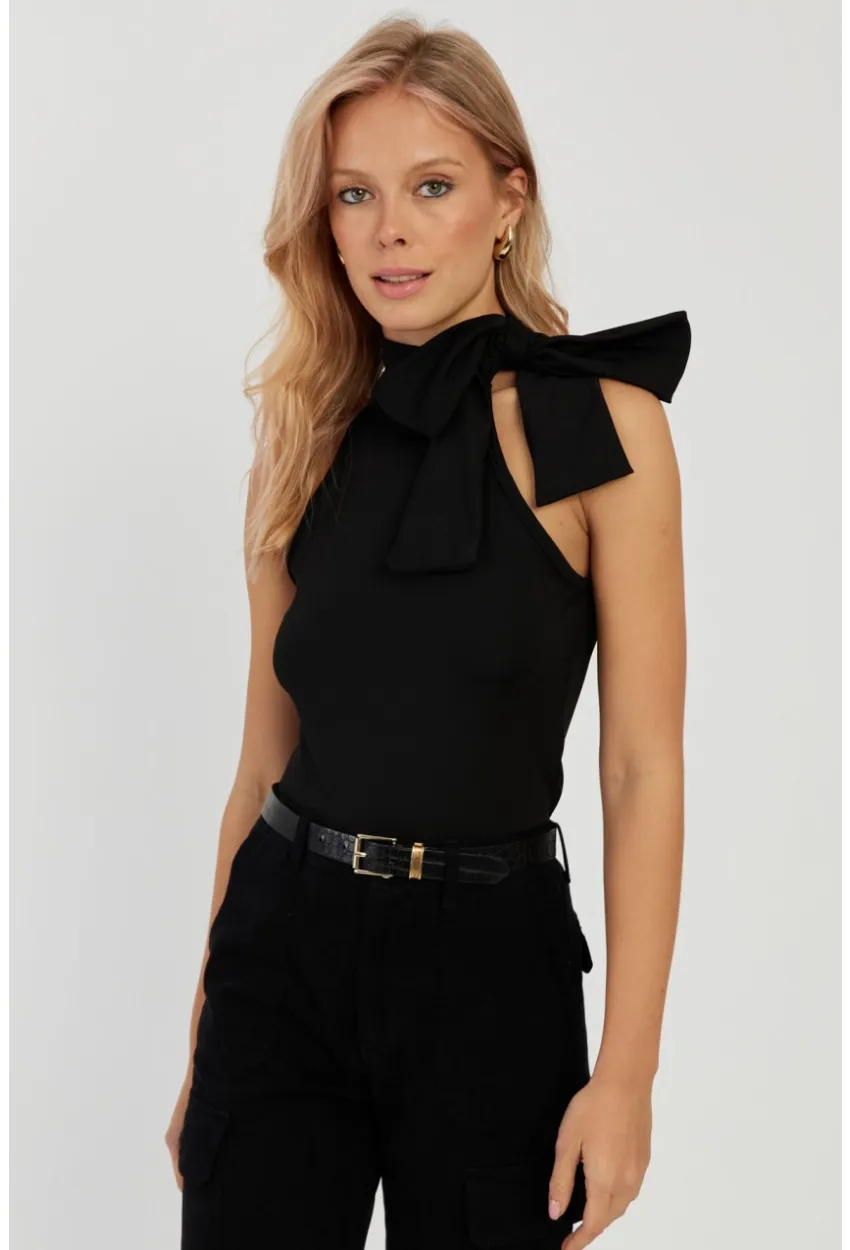 Kadın Siyah Fiyonklu Crop Bluz EY2726