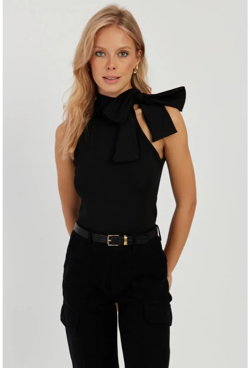 Kadın Siyah Fiyonklu Crop Bluz EY2726