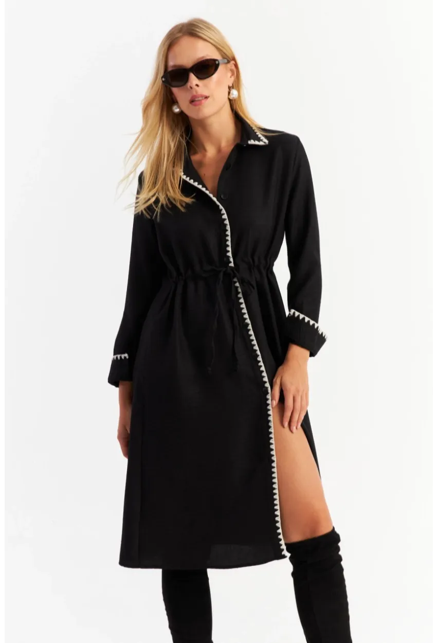 Kadın Siyah Garnili Gömlek Midi Elbise MASF10