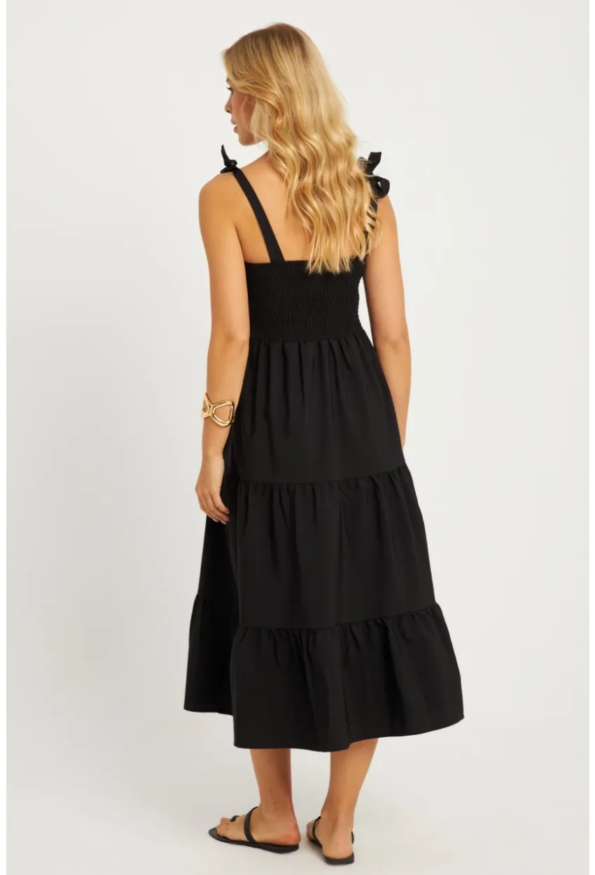 Kadın Siyah Gipeli Volanlı Midi Elbise SGT407