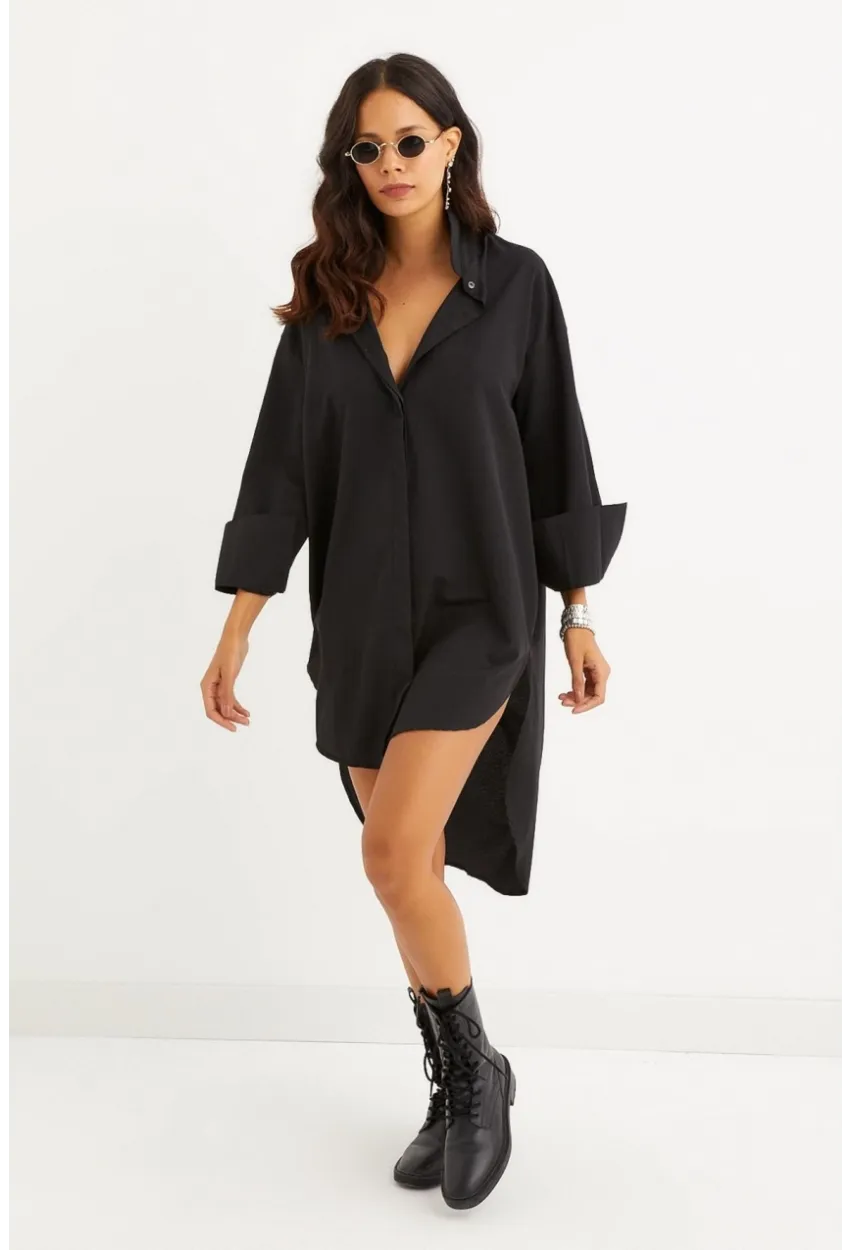 Kadın Siyah Gizli Düğmeli Tunik Gömlek Elbise SF1292