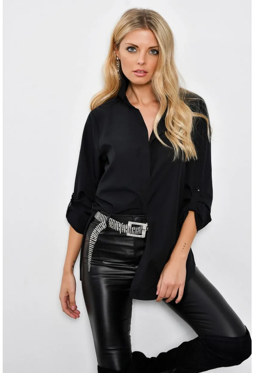 Kadın Siyah Gizli Düğmeli Uzun Gömlek SF2001