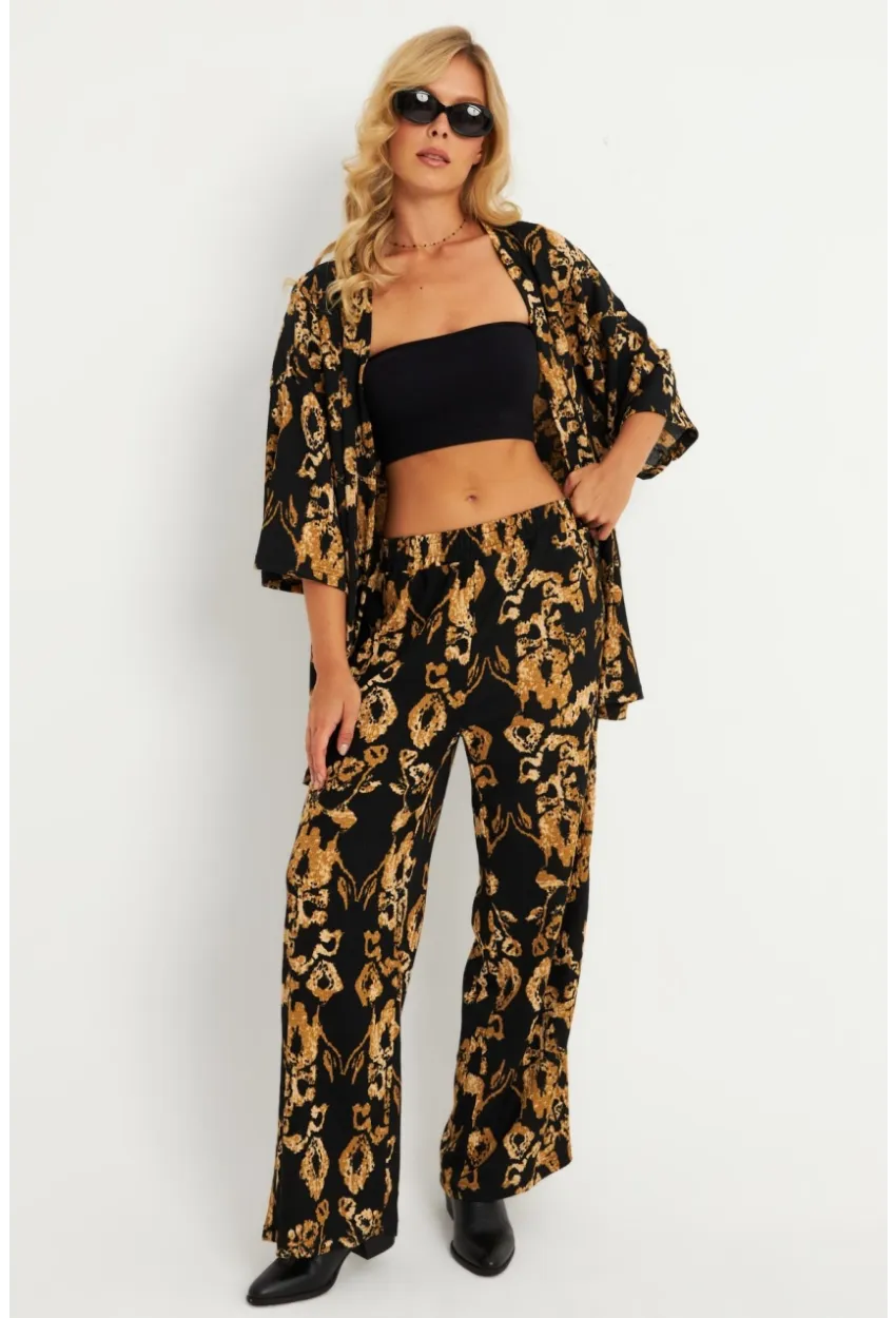 Kadın Siyah-Gold Desenli Bürümcük Alt Üst  Takım LON3004
