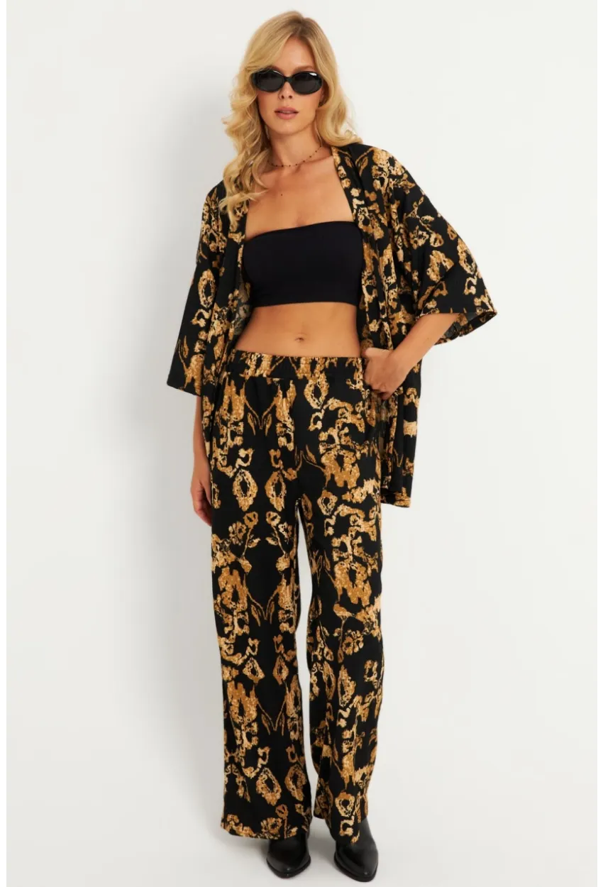 Kadın Siyah-Gold Desenli Bürümcük Alt Üst  Takım LON3004