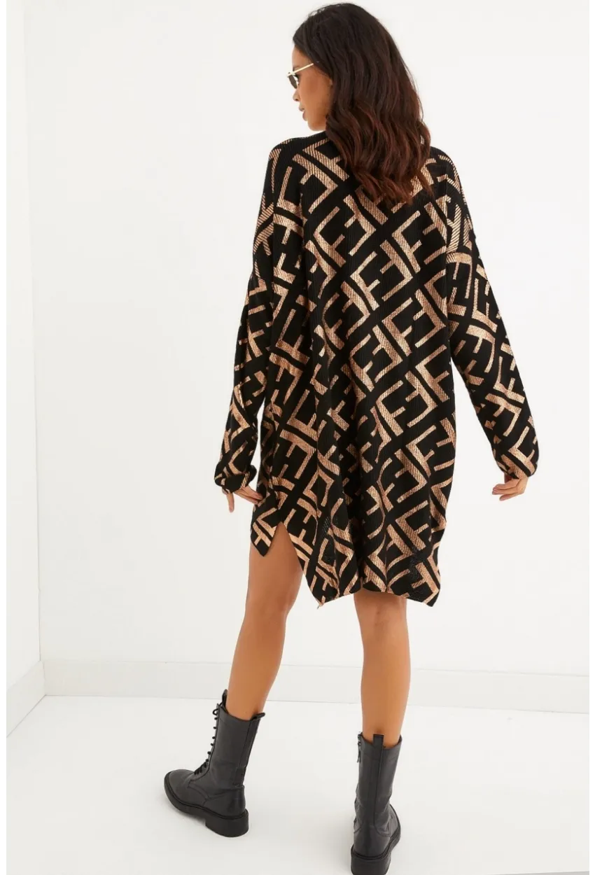 Kadın Siyah-Gold Varaklı Triko Tunik Elbise TD122