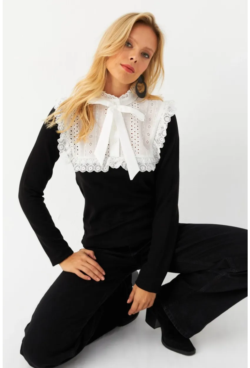 Kadın Siyah Gömlek Bloklu Triko Bluz MQS2117