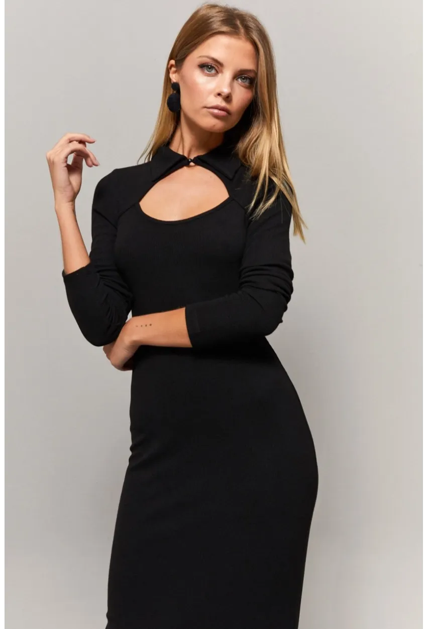 Kadın Siyah Gömlek Yaka Pencereli Elbise Yİ1957