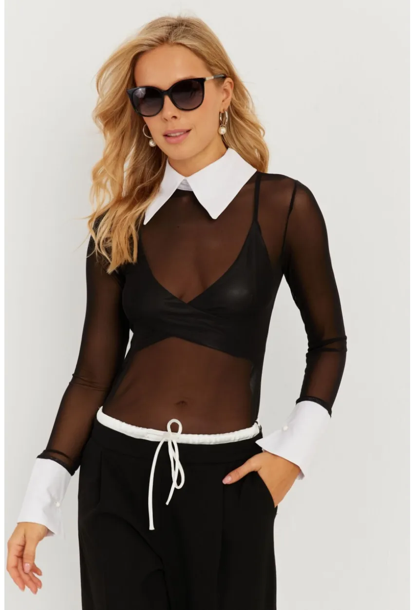 Kadın Siyah Gömlek Yaka Tül Bluz MEN2033