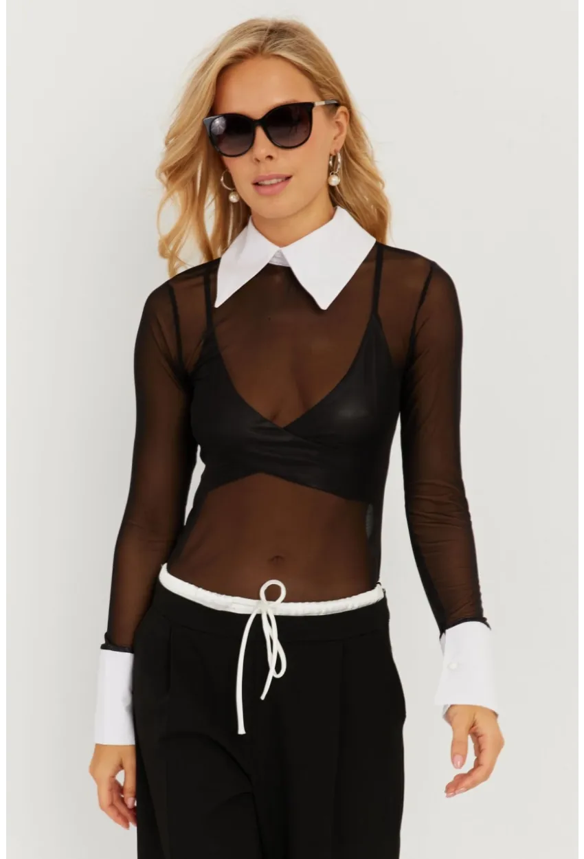 Kadın Siyah Gömlek Yaka Tül Bluz MEN2033