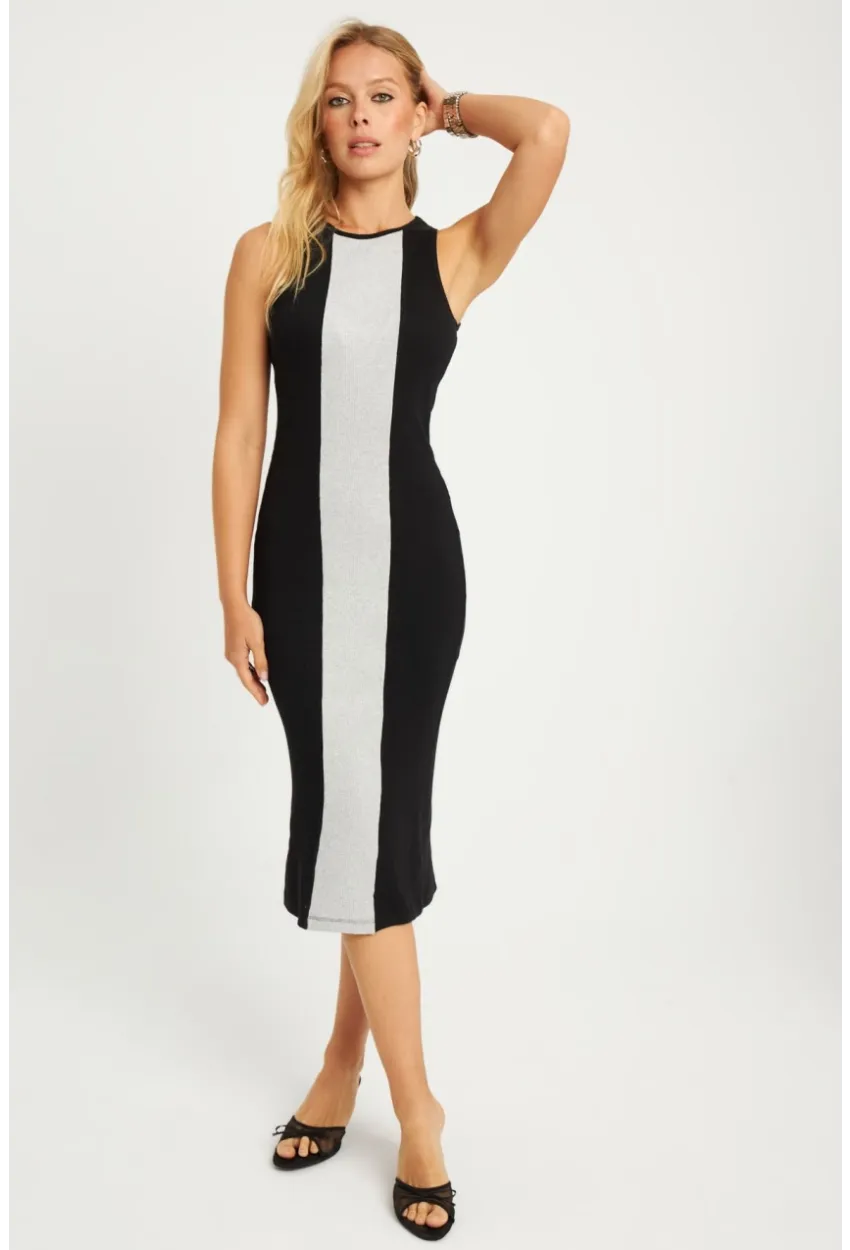 Kadın Siyah-Gri Kaşkorse Yırtmaçlı Midi Elbise XL2010