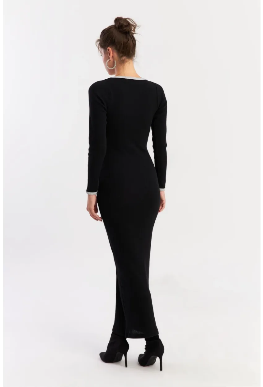 Kadın Siyah-Grı Renk Bloklu Kaşkorse Maxi Elbise XL403