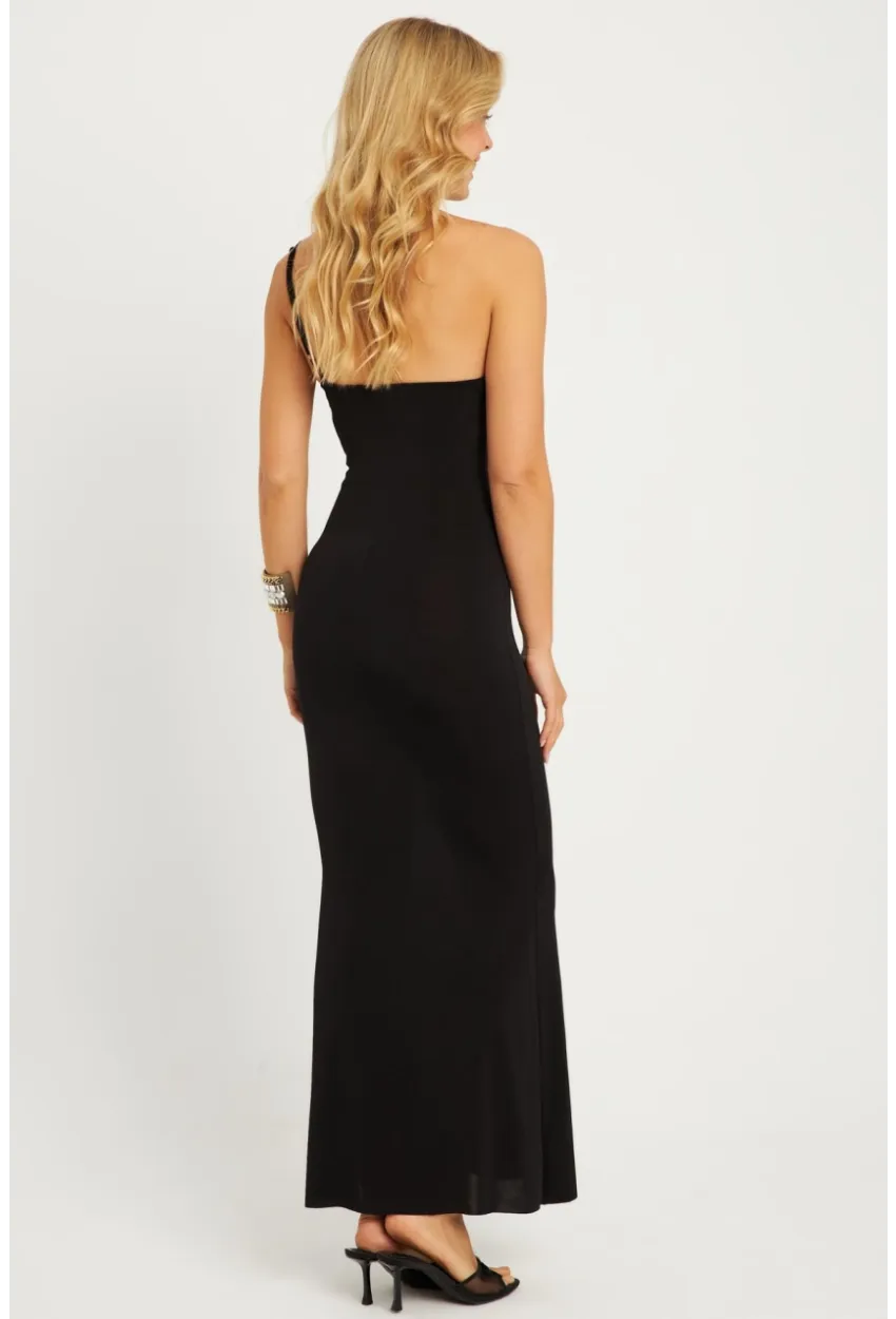 Kadın Siyah Gül Askılı Maxi Elbise MON132