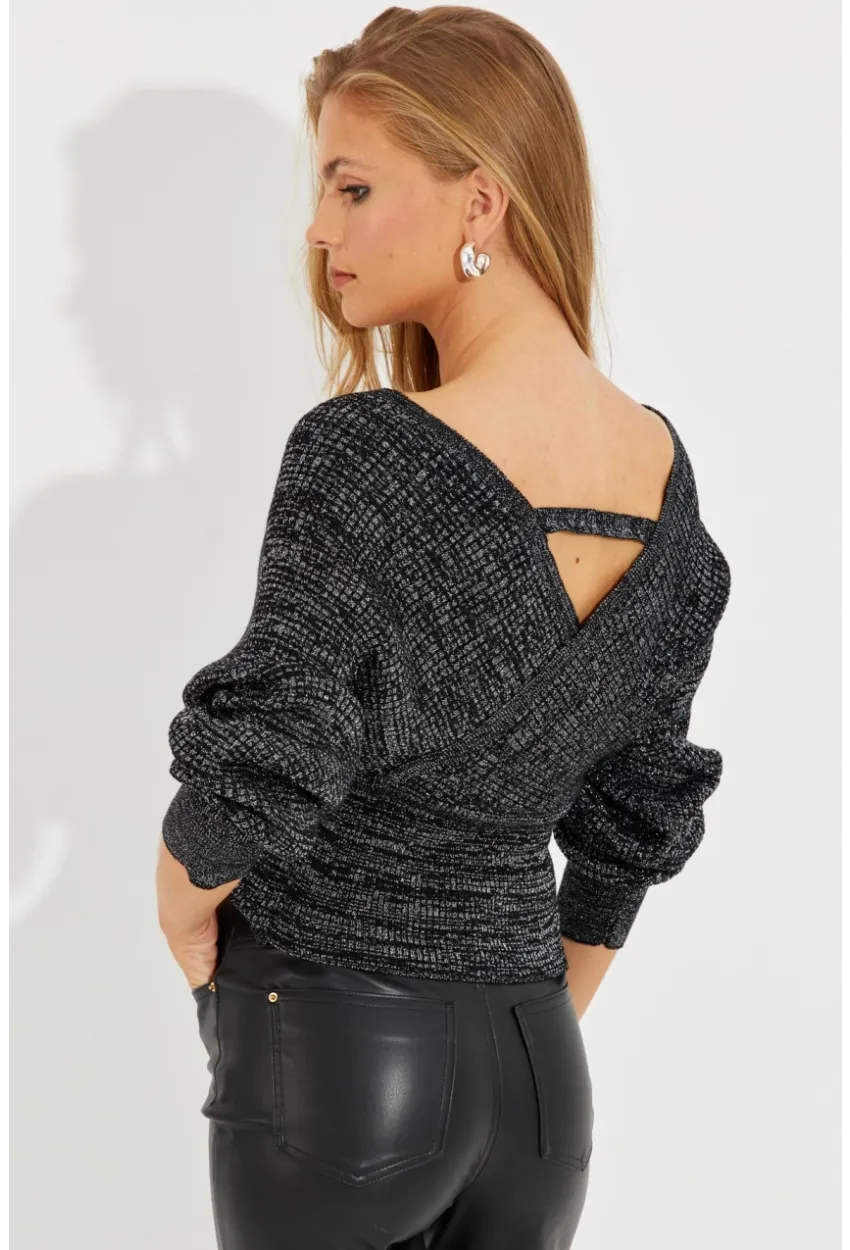 Kadın Siyah-Gümüş Kruvaze Simli Kazak KED125