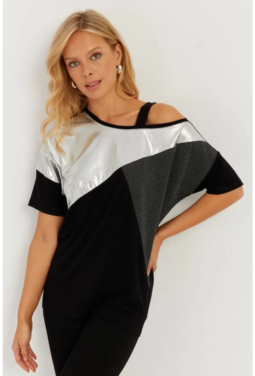 Kadın Siyah-Gümüş Suni Deri Bloklu Bluz ST834