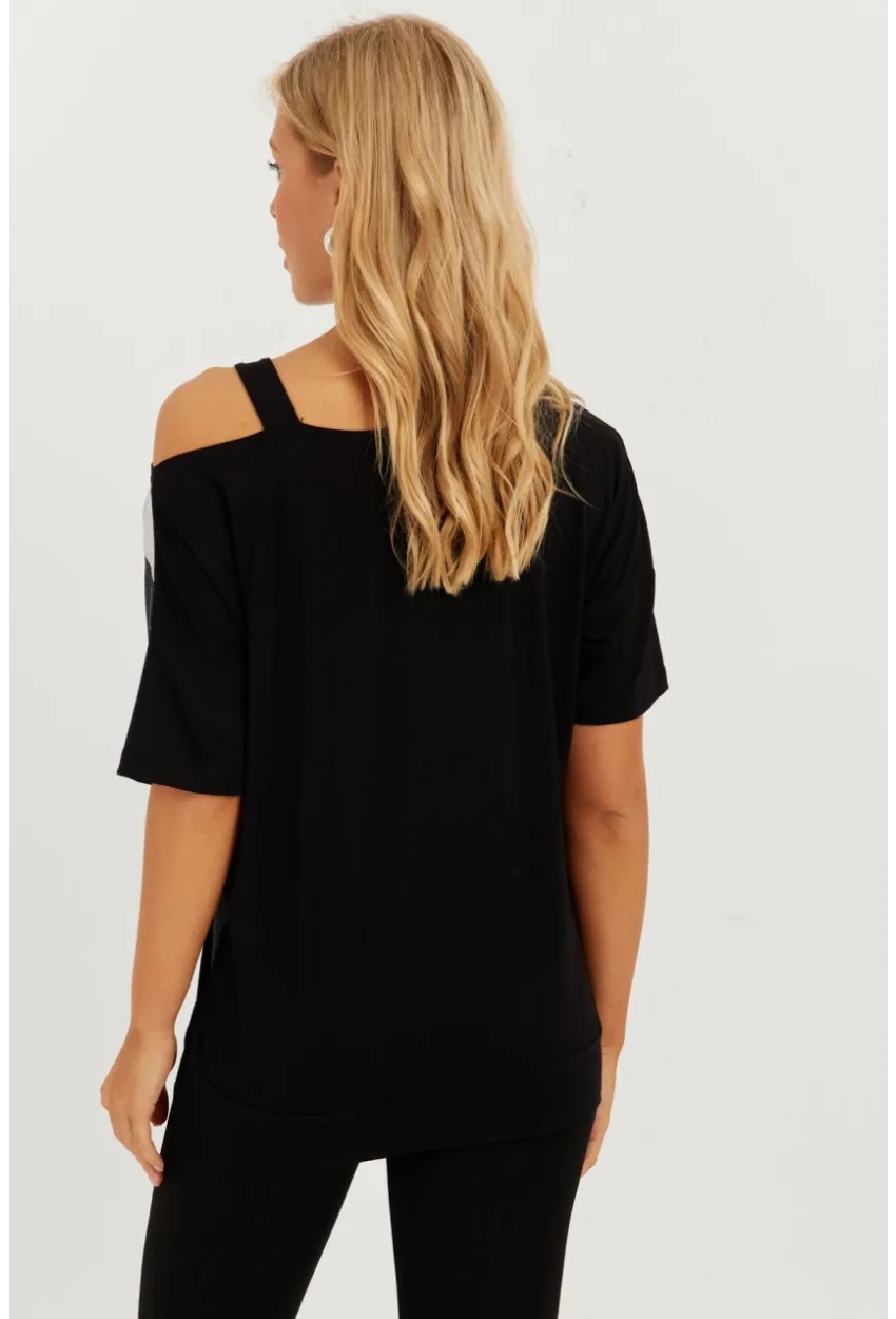 Kadın Siyah-Gümüş Suni Deri Bloklu Bluz ST834